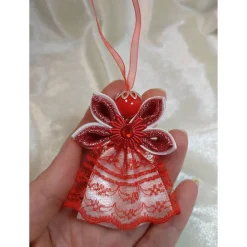 Handgemachter Weihnachtsengel – Rot/Weiß – zarte Spitzen und Satinband