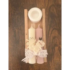 Handgemachtes Kerzenset mit Holzhalterung & Herz-Stabkerzen – Geschenk mit Trockenblumen