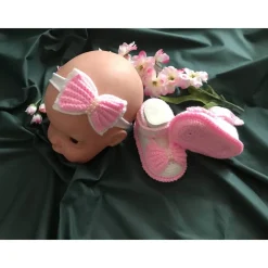 Handgemachtes Taufset  *little girl* für Mädchen – Haarband & Babyschühchen Weiß-Rosa mit Perlen
