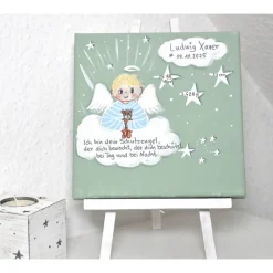 Handgemaltes Schutzengel Taufgeschenk Junge – Personalisiertes Engelbild mit Teddy zur Taufe & Geburt, 20x20 cm