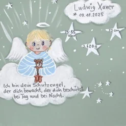Handgemaltes Schutzengel Taufgeschenk Junge – Personalisiertes Engelbild mit Teddy zur Taufe & Geburt, 20x20 cm