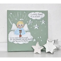 Handgemaltes Schutzengel Taufgeschenk Junge – Personalisiertes Engelbild mit Teddy zur Taufe & Geburt, 20x20 cm