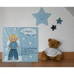 Handgemaltes Schutzengelbild zur Taufe – Geschenk für Jungen & Geburt – Engeljunge auf Leinwand 20x20cm