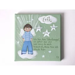 Handgemaltes Schutzengelbild zur Taufe – Geschenk für Jungen & Geburt – Engeljunge auf Leinwand 20x20cm