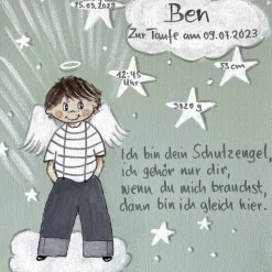Handgemaltes Schutzengelbild zur Taufe – Geschenk für Jungen & Geburt – Engeljunge auf Leinwand 20x20cm