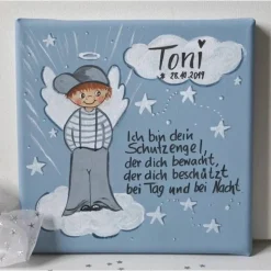 Handgemaltes Schutzengelbild zur Taufe für Jungen – Persönliches Taufgeschenk