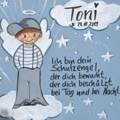 Handgemaltes Schutzengelbild zur Taufe für Jungen – Persönliches Taufgeschenk