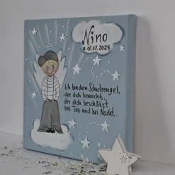 Handgemaltes Schutzengelbild zur Taufe für Jungen – Persönliches Taufgeschenk