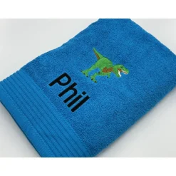 Handtuch ( 50 x 100 cm ) + Motiv Dinosaurier T-Rex  (#Nr. 12) + Name / Kinderhandtuch