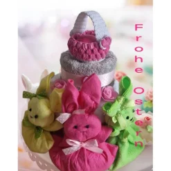 Handtuchtorte Geschenk Ostern für Frauen mit Hase aus Spültuch und gehäkeltem Körbchen