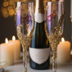 Handverzierte Champagnergläser „Heart of Gold“ – Exklusive Hochzeitsgläser mit goldenen Herzen
