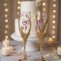 Handverzierte Champagnergläser „Heart of Gold“ – Exklusive Hochzeitsgläser mit goldenen Herzen