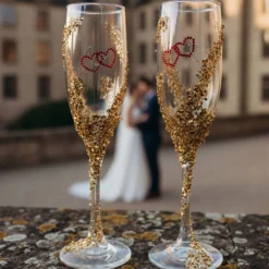 Handverzierte Champagnergläser „Heart of Gold“ – Exklusive Hochzeitsgläser mit goldenen Herzen