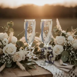 Handverzierte Hochzeitsgläser Blau Weiß mit Perlen & Herzdekor – 2er-Set