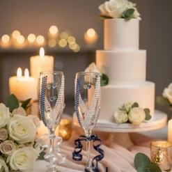 Handverzierte Hochzeitsgläser Blau Weiß mit Perlen & Herzdekor – 2er-Set