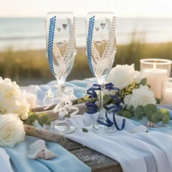 Handverzierte Hochzeitsgläser Blau Weiß mit Perlen & Herzdekor – 2er-Set