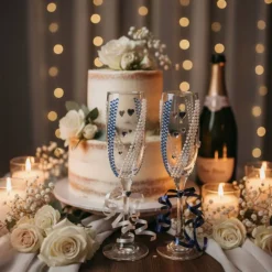 Handverzierte Hochzeitsgläser Blau Weiß mit Perlen & Herzdekor – 2er-Set