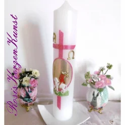 Handverzierte OSTERKERZE oder OSTERNACHTSKERZE mit KREUZ u. weiteren CHRISTLICHEN SYMBOLEN