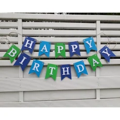 Happy Birthday Girlande Wimpelkette Fahnen Girlande zum Geburtstag Wimpel aus Papier Party Dekoration Blau und Grün