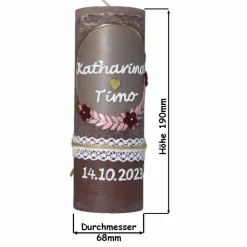 Harmonie der Liebe: Rustikale Hochzeitskerze personalisierbar mit Blumenranke und goldenen Herzen, Hochzeitsgeschenk