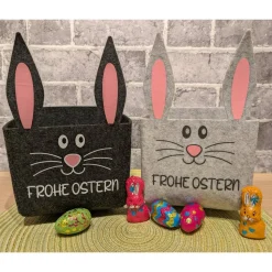 Hasenkörbchen „Frohe Ostern“ aus Filz – Osterkorb mit Ohren und Puschel, Schwarz oder Hellgrau, 14x14x22cm