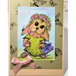 Hasenmädchen mit Kette und Blütenkranz im Frühling Grußkarte als Druck im vintage stil