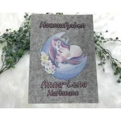 Hausaufgabenheft Hülle Filz Einhorn Mond Grundschule Schulheft Schutzhülle Umschlag Geschenkidee Einschulung