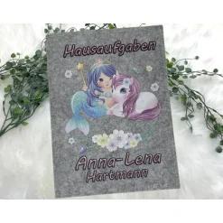 Hausaufgabenheft Hülle Filz Einhorn Meerjungfrau  Grundschule Schulheft Schutzhülle Umschlag Geschenkidee Einschulung