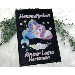 Hausaufgabenheft Hülle Filz Einhorn Meerjungfrau  Grundschule Schulheft Schutzhülle Umschlag Geschenkidee Einschulung