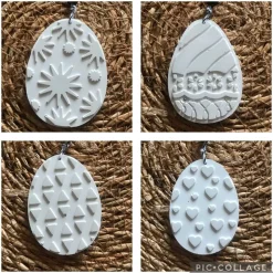 Hübsche Osteranhänger aus Beton, Ostereier, weiß oder grau, mit Bändchen, 8er Set