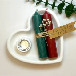 Hübscher Kerzenteller Herzform mit 2 Kerzen / Muttertag / Geburtstag / Valentinstag