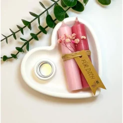Hübscher Kerzenteller Herzform mit 2 Kerzen / Muttertag / Geburtstag / Valentinstag