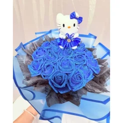 Hello Kitty Bouquet mit blauen Glitzerrosen