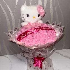 Hello Kitty Rosenstrauß mit 50 Schaumrosen & Lichterkette – Valentinstagsgeschenk