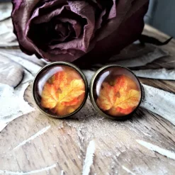 Herbstblatt mit Herz Ohrringe Ring Cabochonschmuck verschiedene Fassungen