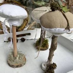 Herbstdeko 3er Set Pilze aus Leinen & Treibholz – Handgemachte Deko im Landhausstil