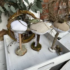 Herbstdeko 3er Set Pilze aus Leinen & Treibholz – Handgemachte Deko im Landhausstil