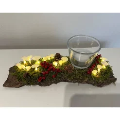 Herbstgesteck Herbstdeko Ledpilze Teelicht Baumrinde