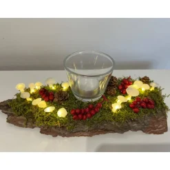 Herbstgesteck Herbstdeko Ledpilze Teelicht Baumrinde