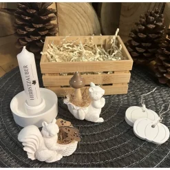 Herbstzauber Geschenkset handgemachte Raysin-Deko mit Eichhörnchen Kürbissen & Kerzenlicht