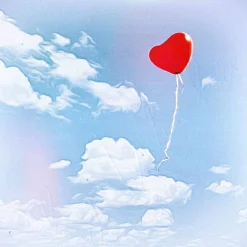 HERZ - ROTER BALLON Romantisches Bild auf Holz Leinwand Kunstdruck Geschenk Wandbild Landhausstil Shabby Chic