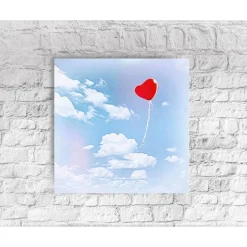 HERZ - ROTER BALLON Romantisches Bild auf Holz Leinwand Kunstdruck Geschenk Wandbild Landhausstil Shabby Chic