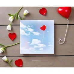 HERZ - ROTER BALLON Romantisches Bild auf Holz Leinwand Kunstdruck Geschenk Wandbild Landhausstil Shabby Chic