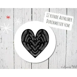 Herz mit Tannenzweigen auf 12 Papieraufklebern in schwarz-weiß 4cm rund