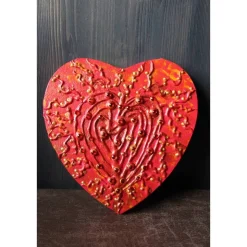 Herzbild  FEURIGES HERZ Valentinsherz Acrylbild Collage Bild auf herzförmigem Keilrahmen Malerei