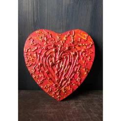 Herzbild  FEURIGES HERZ Valentinsherz Acrylbild Collage Bild auf herzförmigem Keilrahmen Malerei