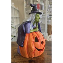 Hexe und Halloweenkürbis - Dekofigur - Halloween - Keramik - Teelicht