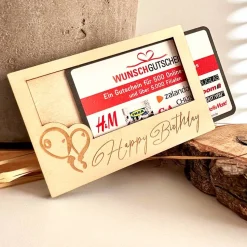 Hülle für Geschenkgutschein "Happy Birthday" Luftballons, Geldgeschenk, Holz
