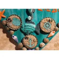 Hängedeko MEERESHERZ MARITIM Acrylmalerei Collage auf Holzherz Fensterdeko Muttertagsgeschenk Vatertagsgeschenk