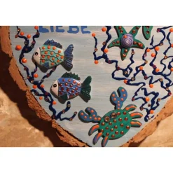 Hängedeko RINDENHERZ MARITIM Acrylmalerei Collage auf Holzherz Fensterdeko Wohndeko Muttertagsgeschenk Vatertagsgeschenk